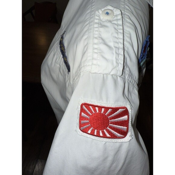 Henry Choice Blue Jeans White Short Sleeve Shirt L Tokyo Osaka Japan Patches - Picture 5 of 14